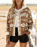 Folk Floral Jacquard Button Front Cardigan - Khaki