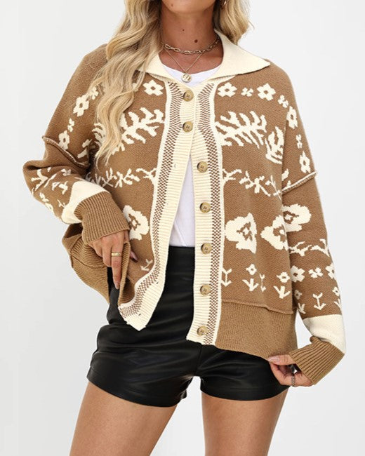 Folk Floral Jacquard Button Front Cardigan - Khaki - 2