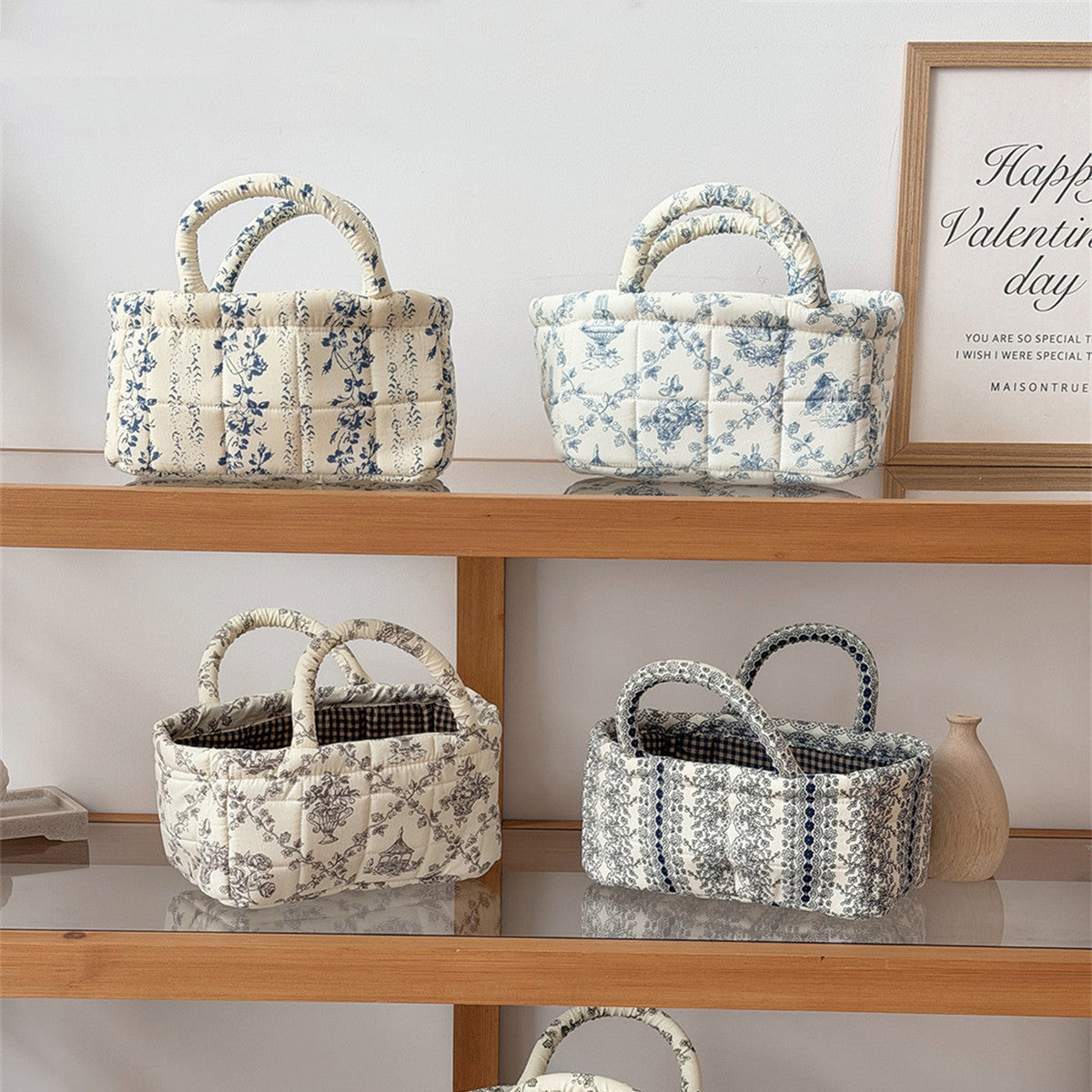 Padded Toile Print Tote With Top Handles - view 2