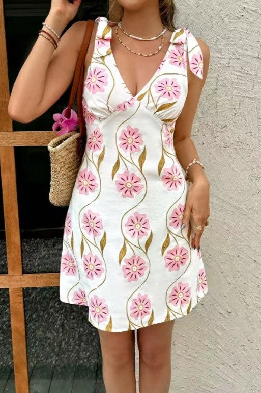 Tie Shoulder Smocked Back Mini Dress - Pink