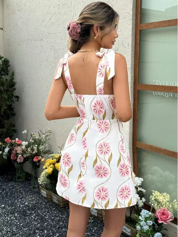 Tie Shoulder Smocked Back Mini Dress - Pink - 3