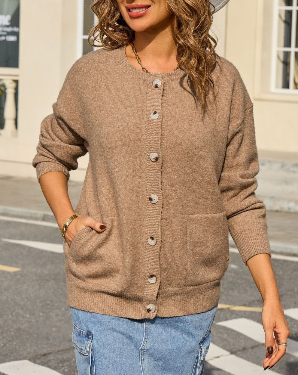 Patch Pocket Button Front Soft Cardigan - Khaki - 1