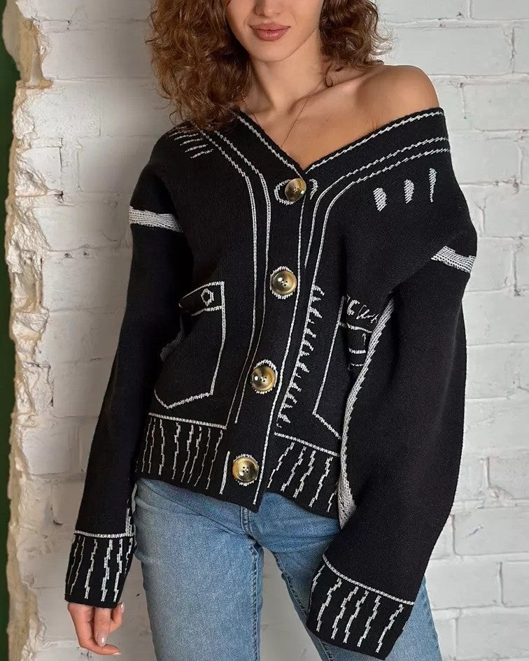 Sketch Line Art Contrast Knit Cardigan - Black