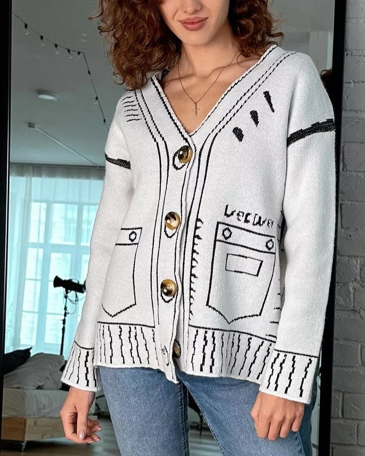 Sketch Line Art Contrast Knit Cardigan - White