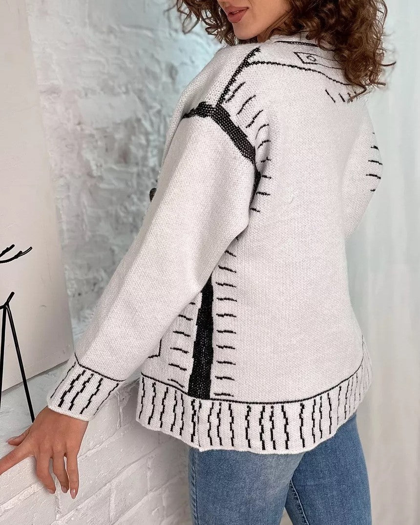 Sketch Line Art Contrast Knit Cardigan - White - 2