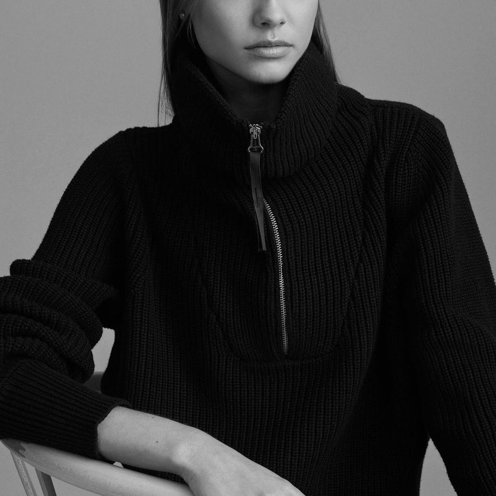 Oversized Collar Half Zip Ribbed Sweater - Black