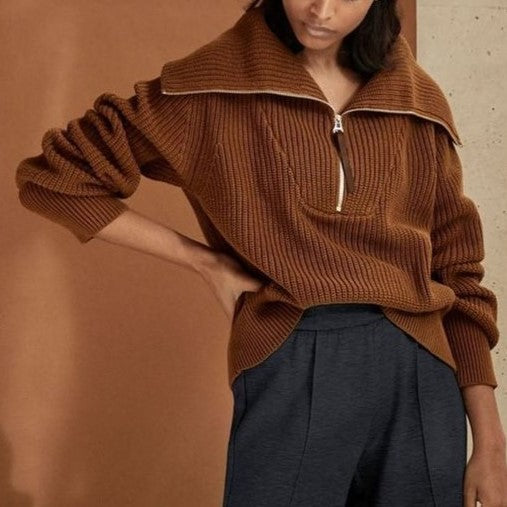 Oversized Collar Half Zip Ribbed Sweater - Brown