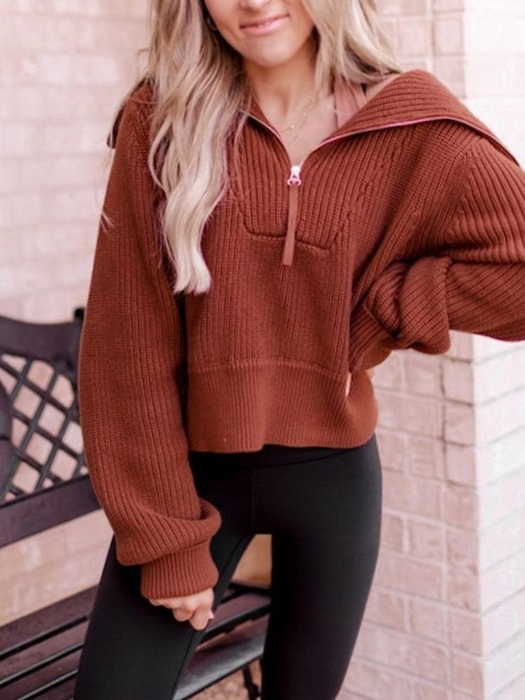 Oversized Collar Half Zip Ribbed Sweater - Brown - 1