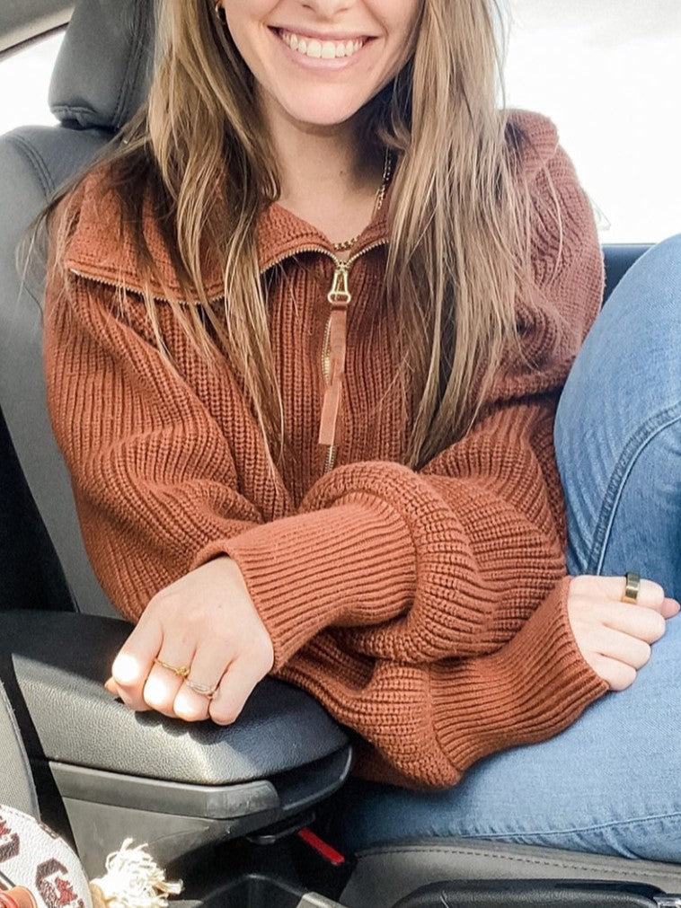 Oversized Collar Half Zip Ribbed Sweater - Brown - 2