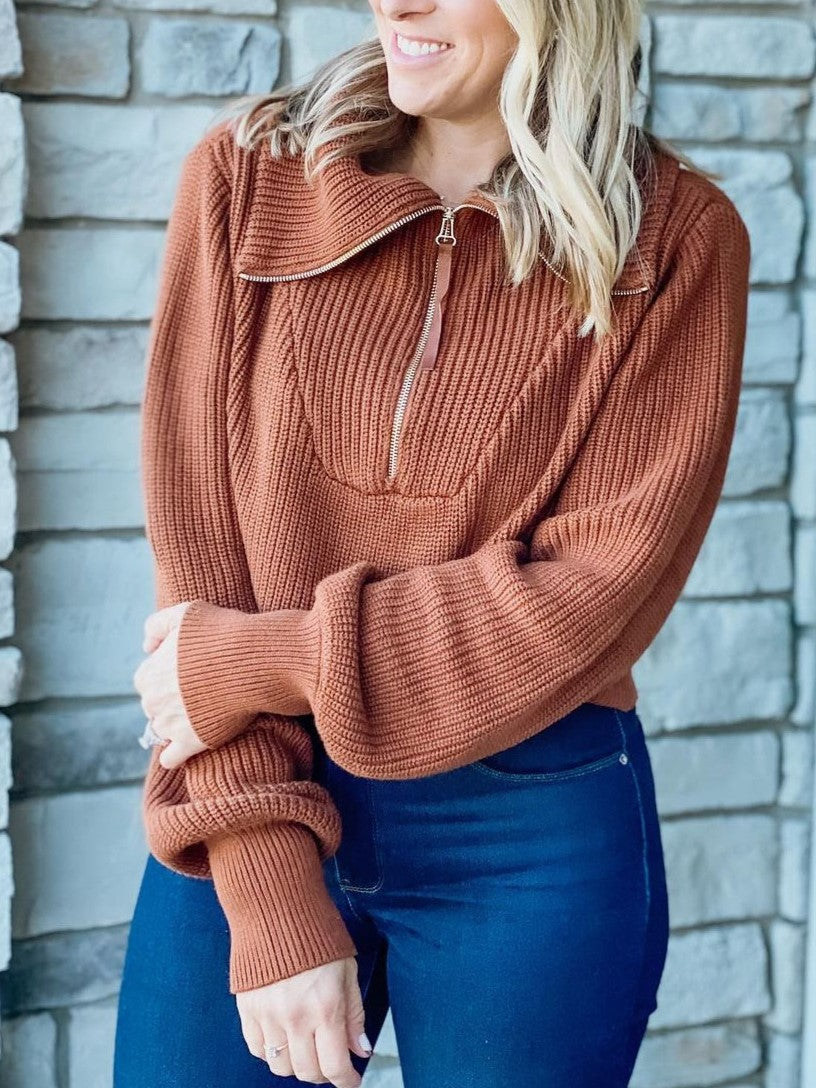 Oversized Collar Half Zip Ribbed Sweater - Brown - 3