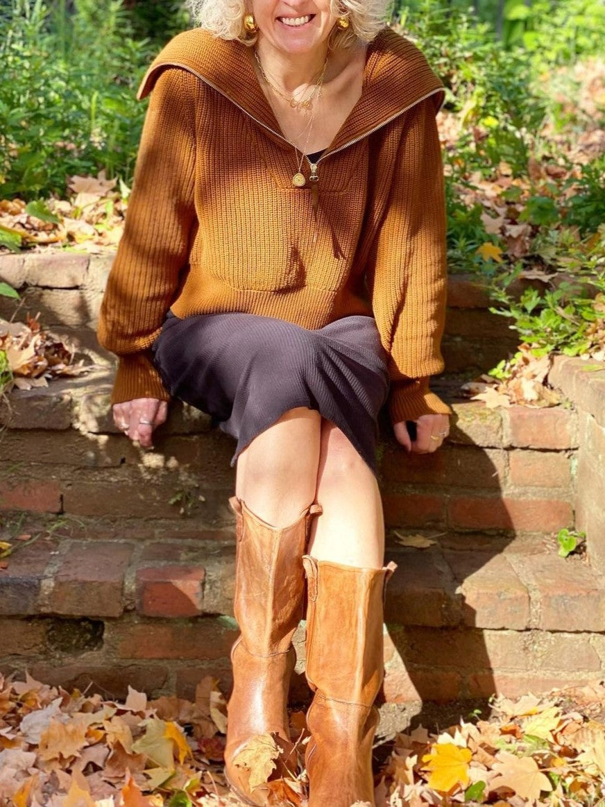 Oversized Collar Half Zip Ribbed Sweater - Brown - 4