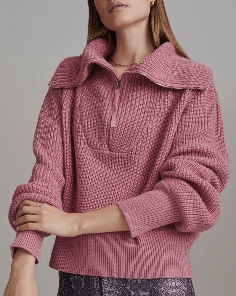 Oversized Collar Half Zip Ribbed Sweater - Dusty_Rose