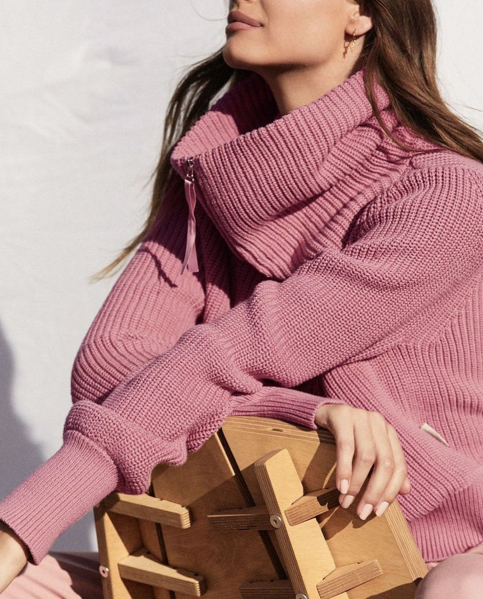 Oversized Collar Half Zip Ribbed Sweater - Dusty_Rose - 1