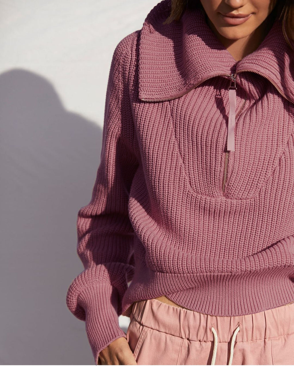 Oversized Collar Half Zip Ribbed Sweater - Dusty_Rose - 2