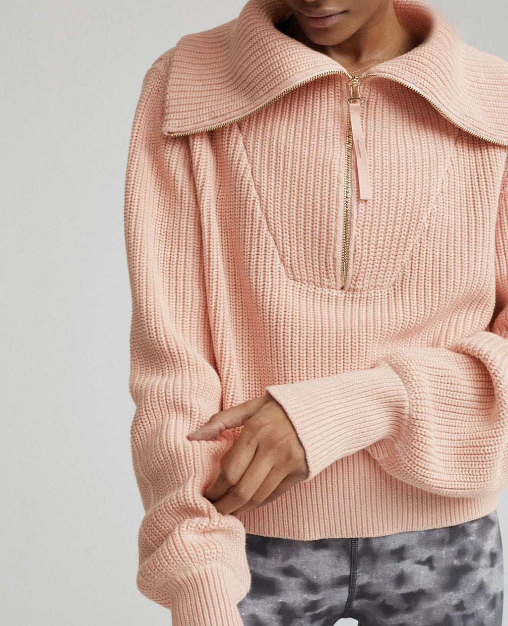 Oversized Collar Half Zip Ribbed Sweater - Pink