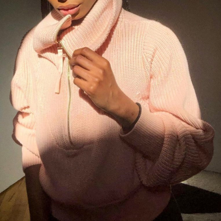 Oversized Collar Half Zip Ribbed Sweater - Pink - 2