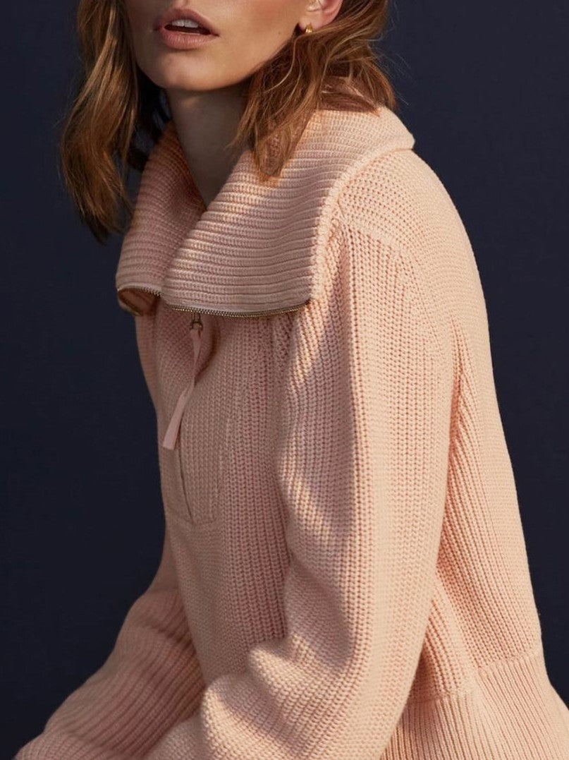 Oversized Collar Half Zip Ribbed Sweater - Pink - 3