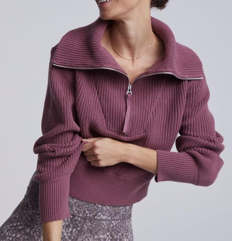 Oversized Collar Half Zip Ribbed Sweater - Purple