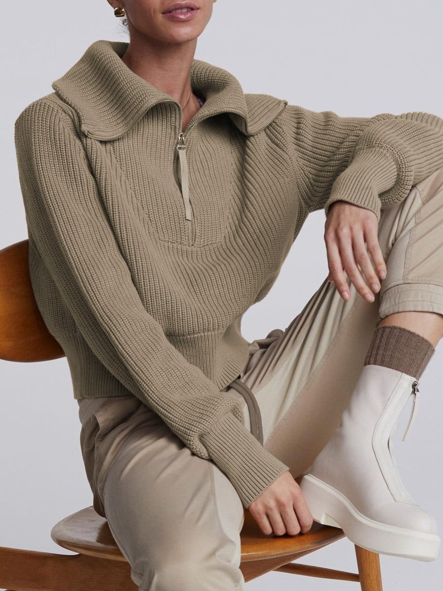 Oversized Collar Half Zip Ribbed Sweater - Taupe - 1