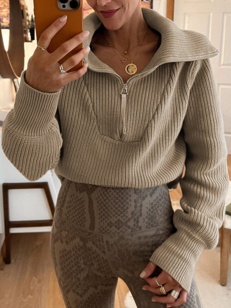 Oversized Collar Half Zip Ribbed Sweater - Taupe - 2