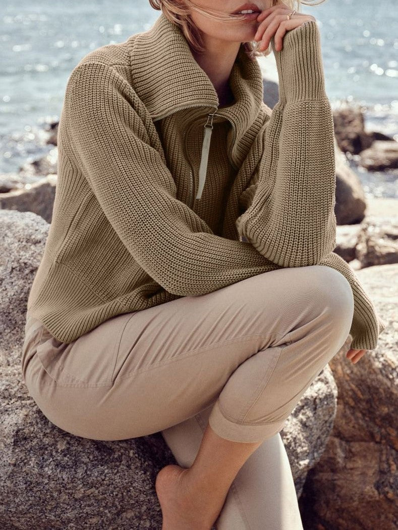 Oversized Collar Half Zip Ribbed Sweater - Taupe - 3