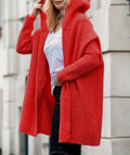 Hooded Open Front Chunky Knit Cardigan - Red