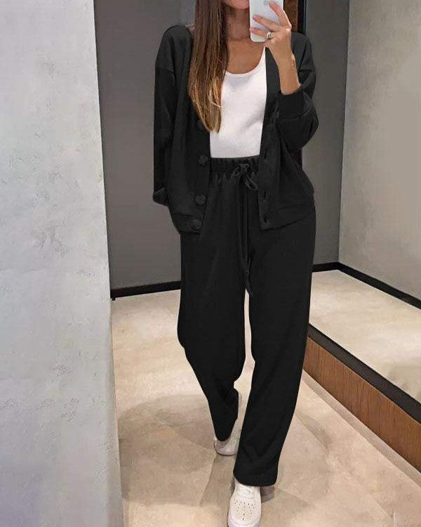 Button Front Knit Jacket and Pants Set - Black - 1