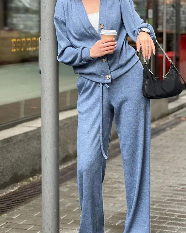 Button Front Knit Jacket and Pants Set - Blue