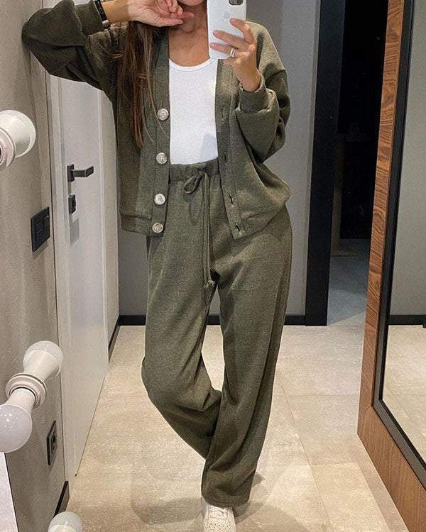 Button Front Knit Jacket and Pants Set - Green
