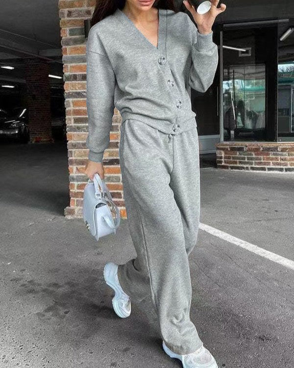Button Front Knit Jacket and Pants Set - Grey