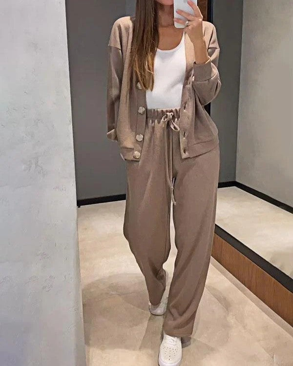 Button Front Knit Jacket and Pants Set - Khaki