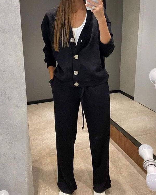 Button Front Knit Jacket and Pants Set