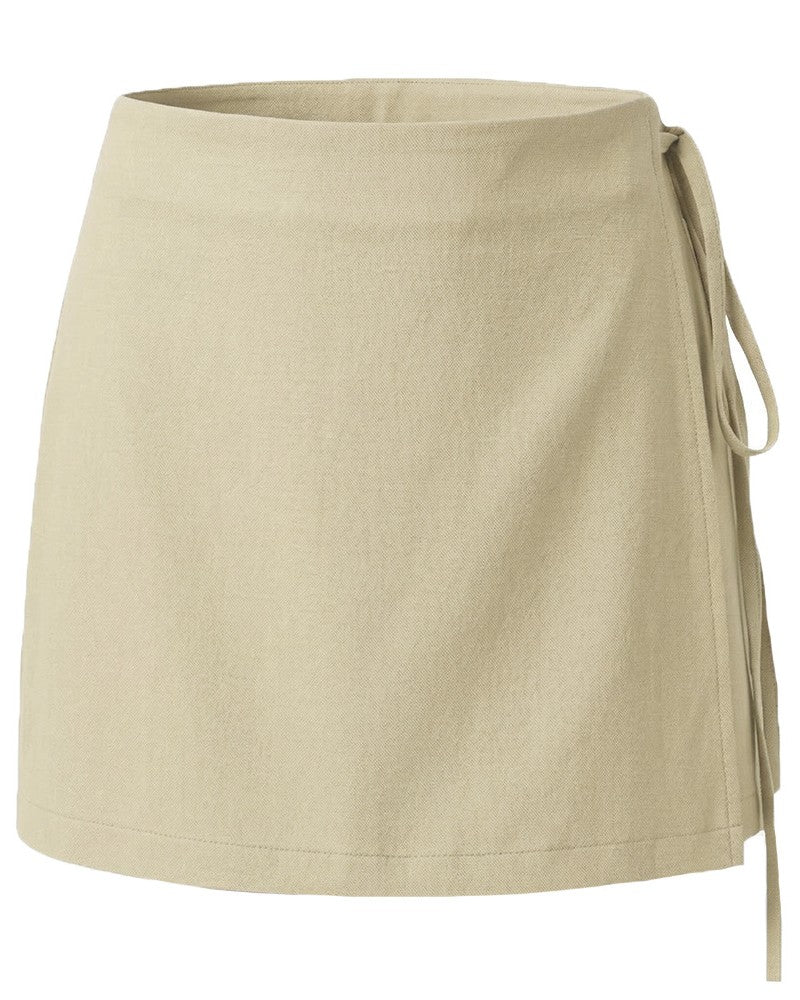 Wrap Front Mini Skort With Side Tie - Beige