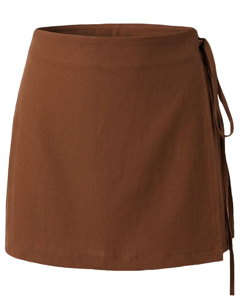 Wrap Front Mini Skort With Side Tie - Caramel