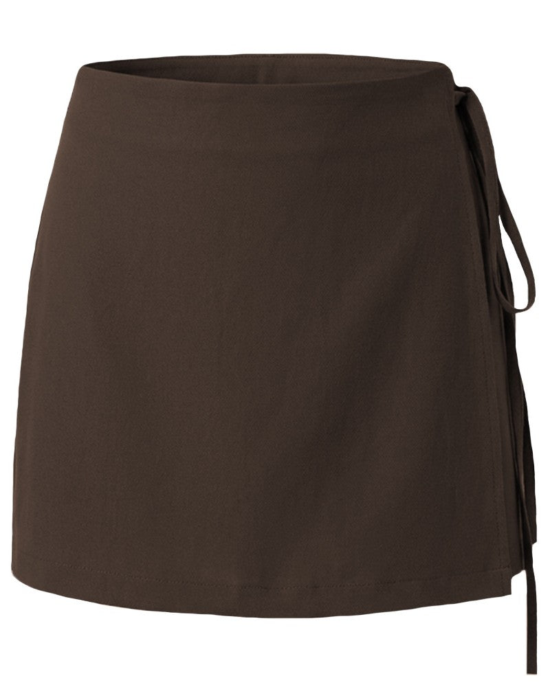 Wrap Front Mini Skort With Side Tie - Chocolate