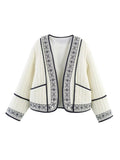 Embroidered Trim Quilted Collarless Jacket - White