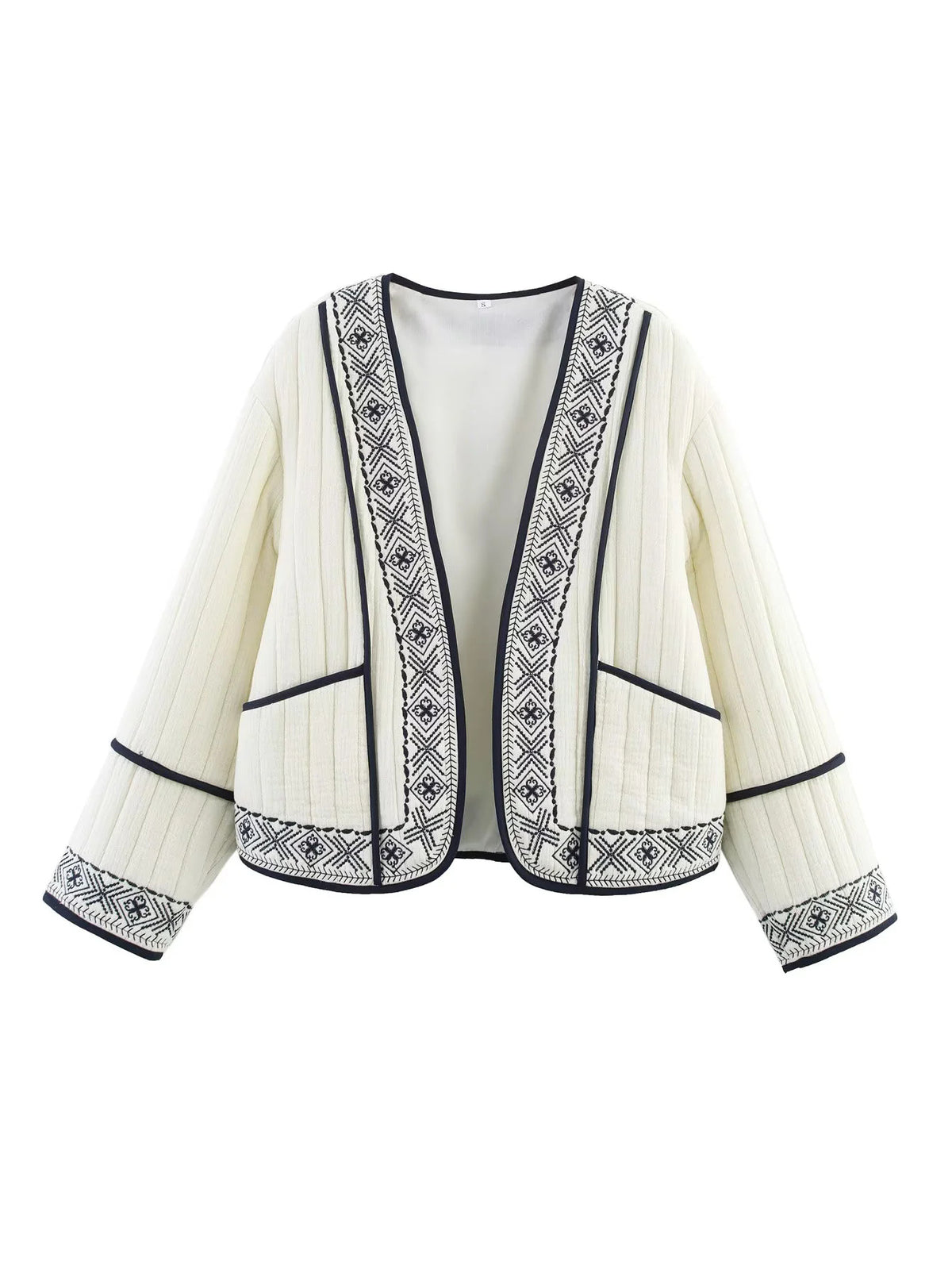 Embroidered Trim Quilted Collarless Jacket - White