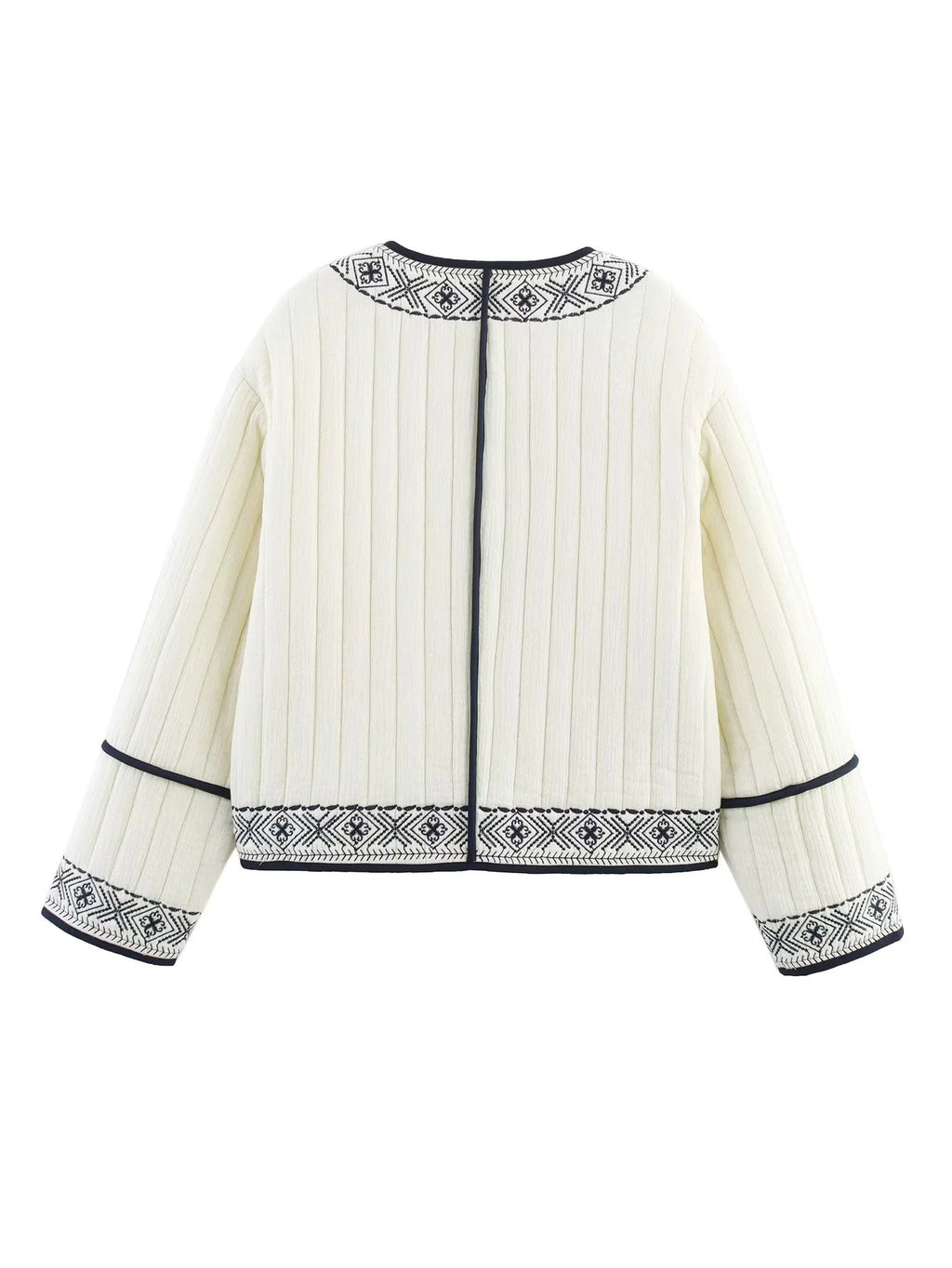Embroidered Trim Quilted Collarless Jacket - White - 1