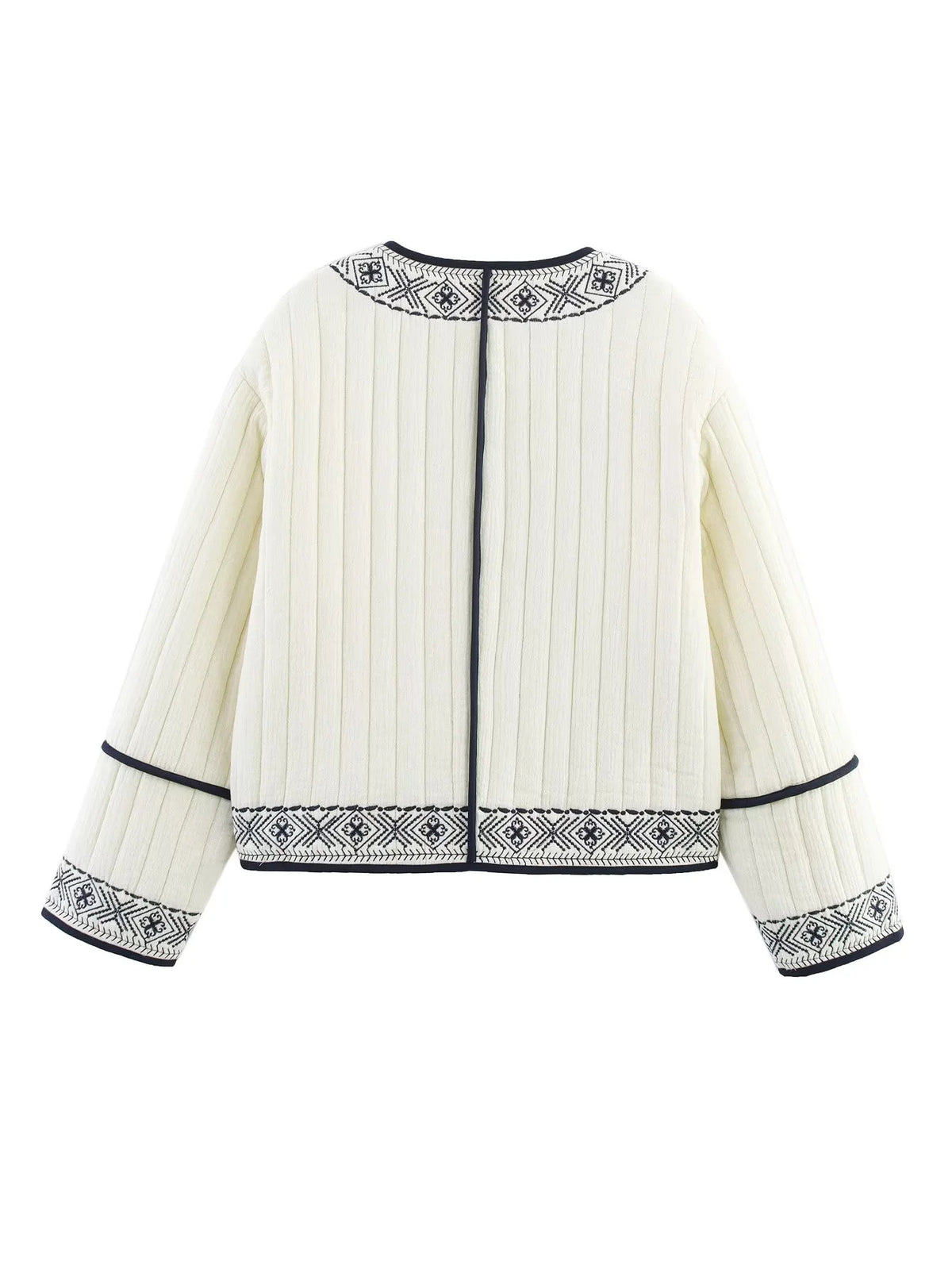Embroidered Trim Quilted Collarless Jacket - White - 1