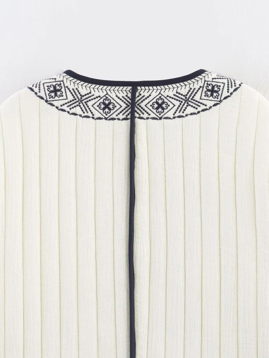 Embroidered Trim Quilted Collarless Jacket - White - 7