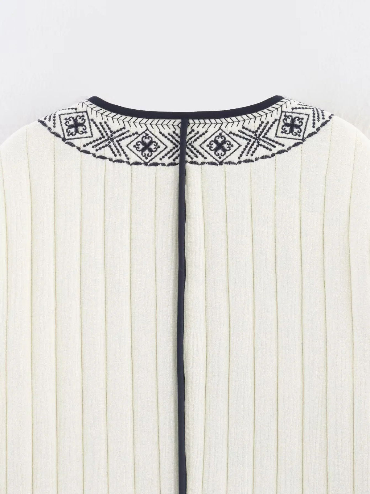 Embroidered Trim Quilted Collarless Jacket - White - 7
