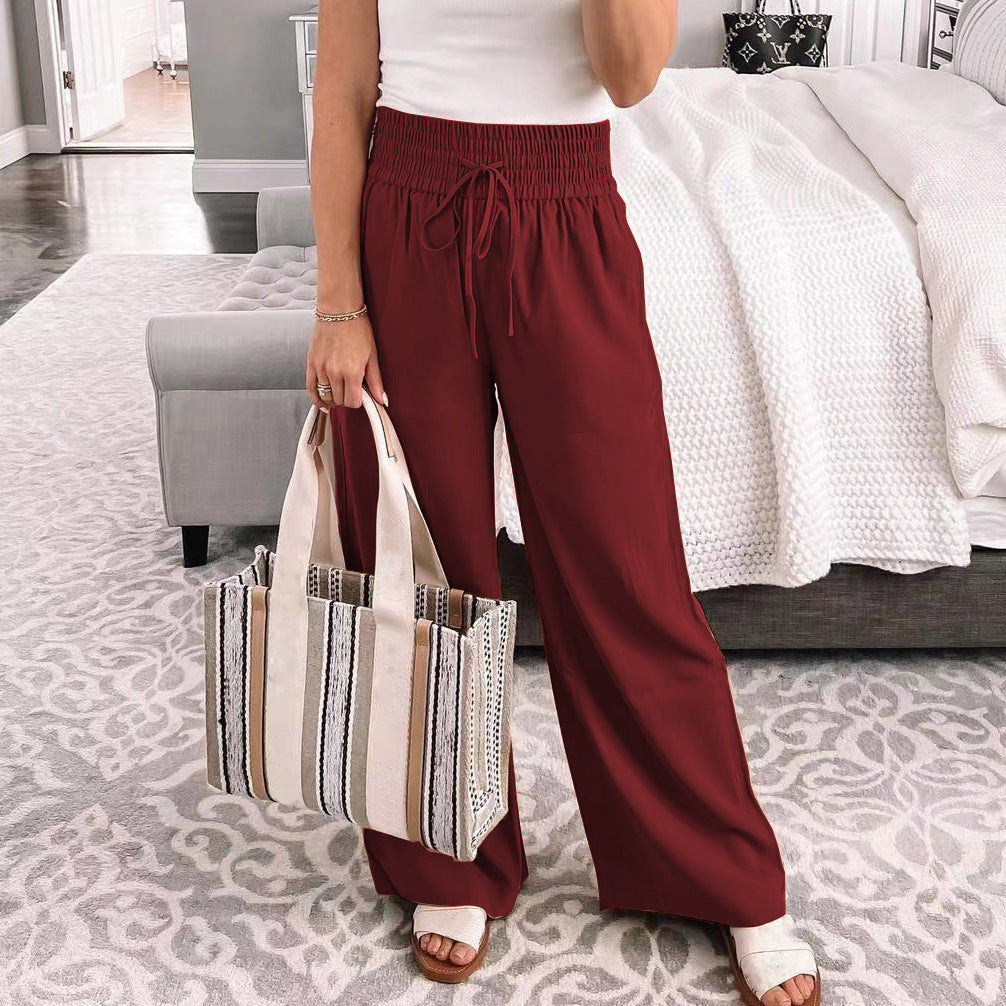Smocked Waist Wide Leg Drawstring Pants - Burgundy