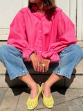 High Neck Stripe Blouse With Puff Sleeves - Fuchsia