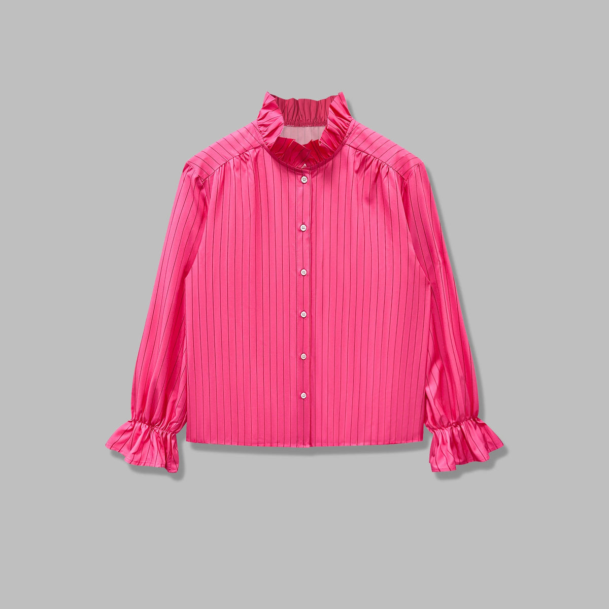 High Neck Stripe Blouse With Puff Sleeves - Fuchsia - 1