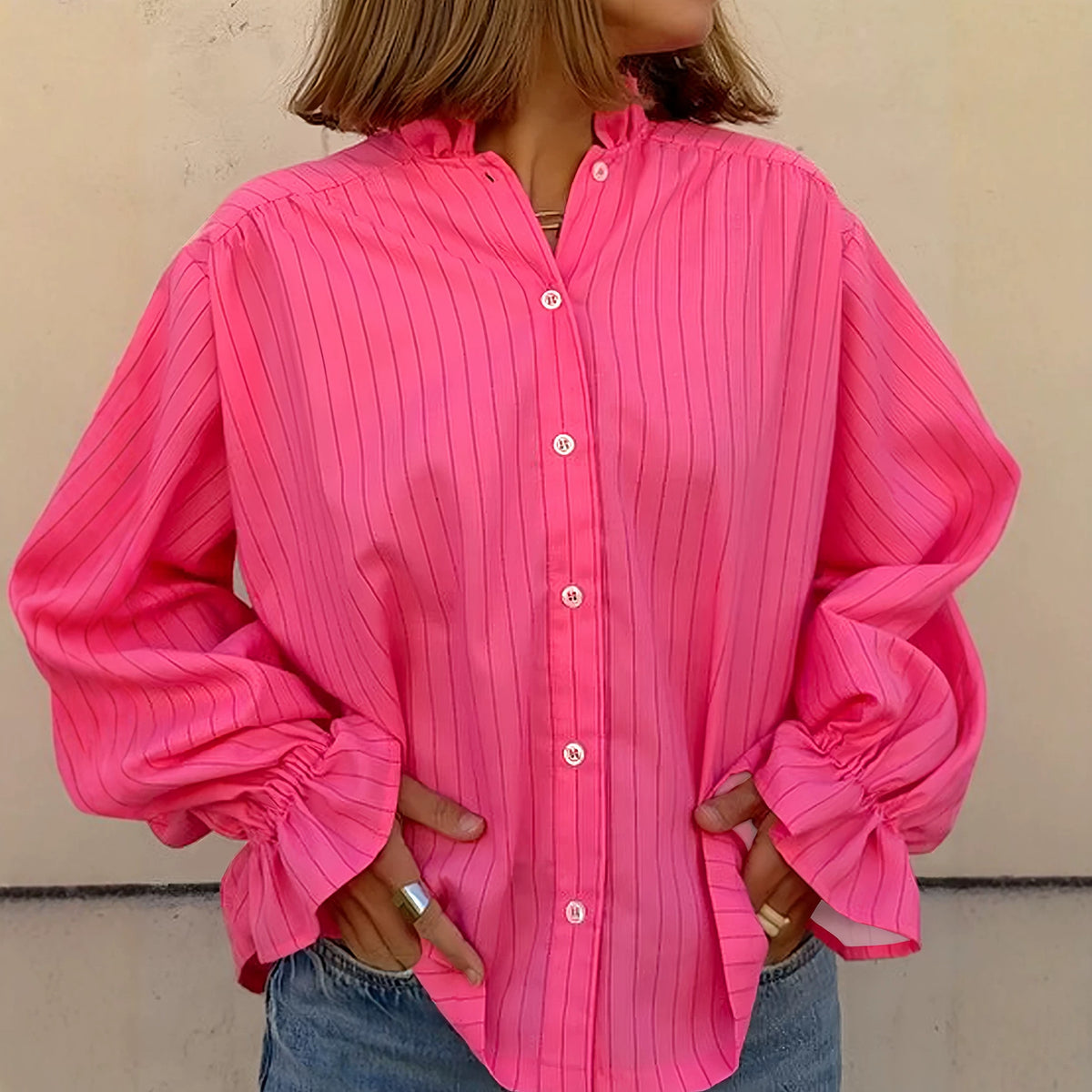 High Neck Stripe Blouse With Puff Sleeves - Fuchsia - 3
