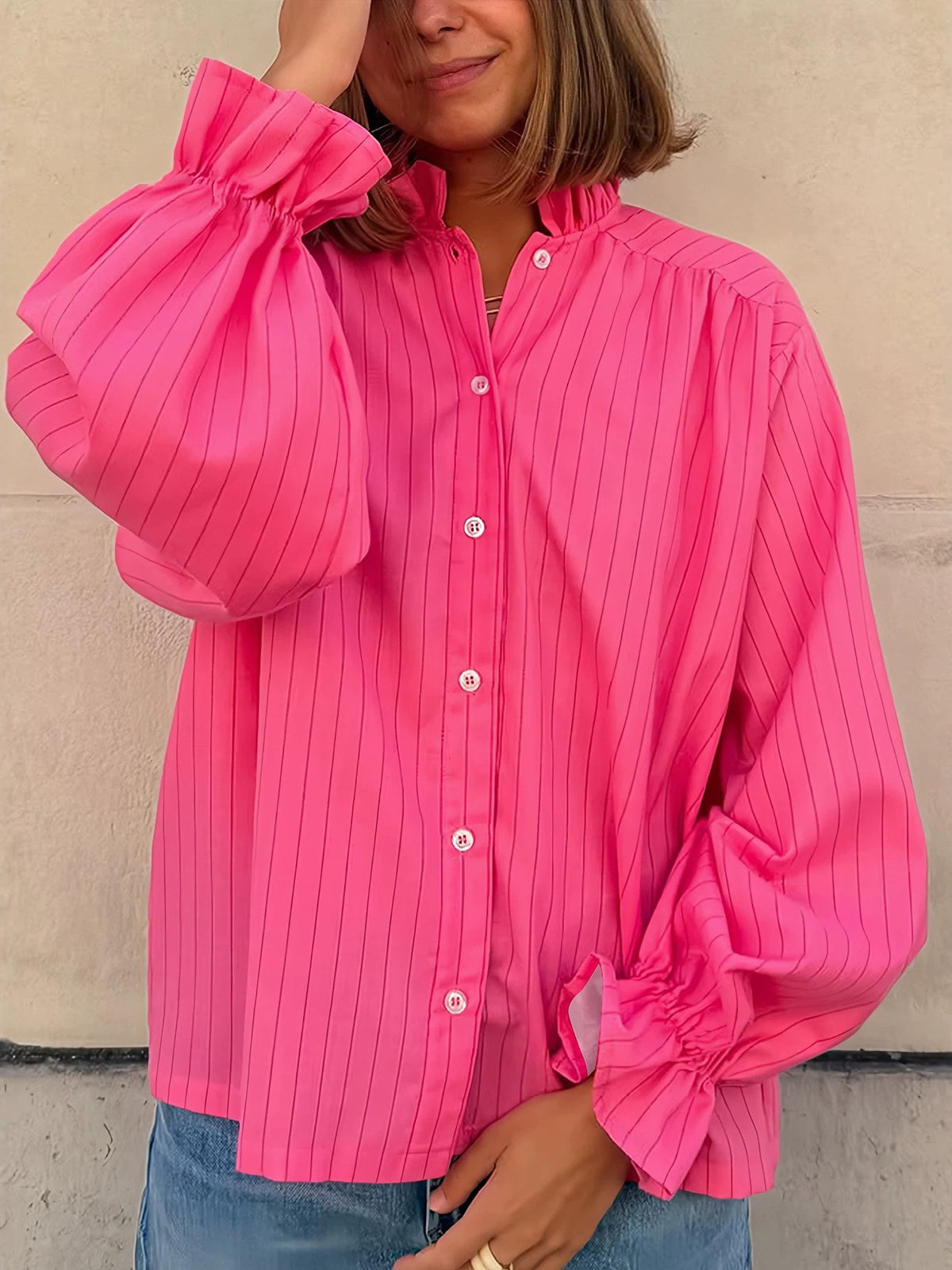 High Neck Stripe Blouse With Puff Sleeves - Fuchsia - 4
