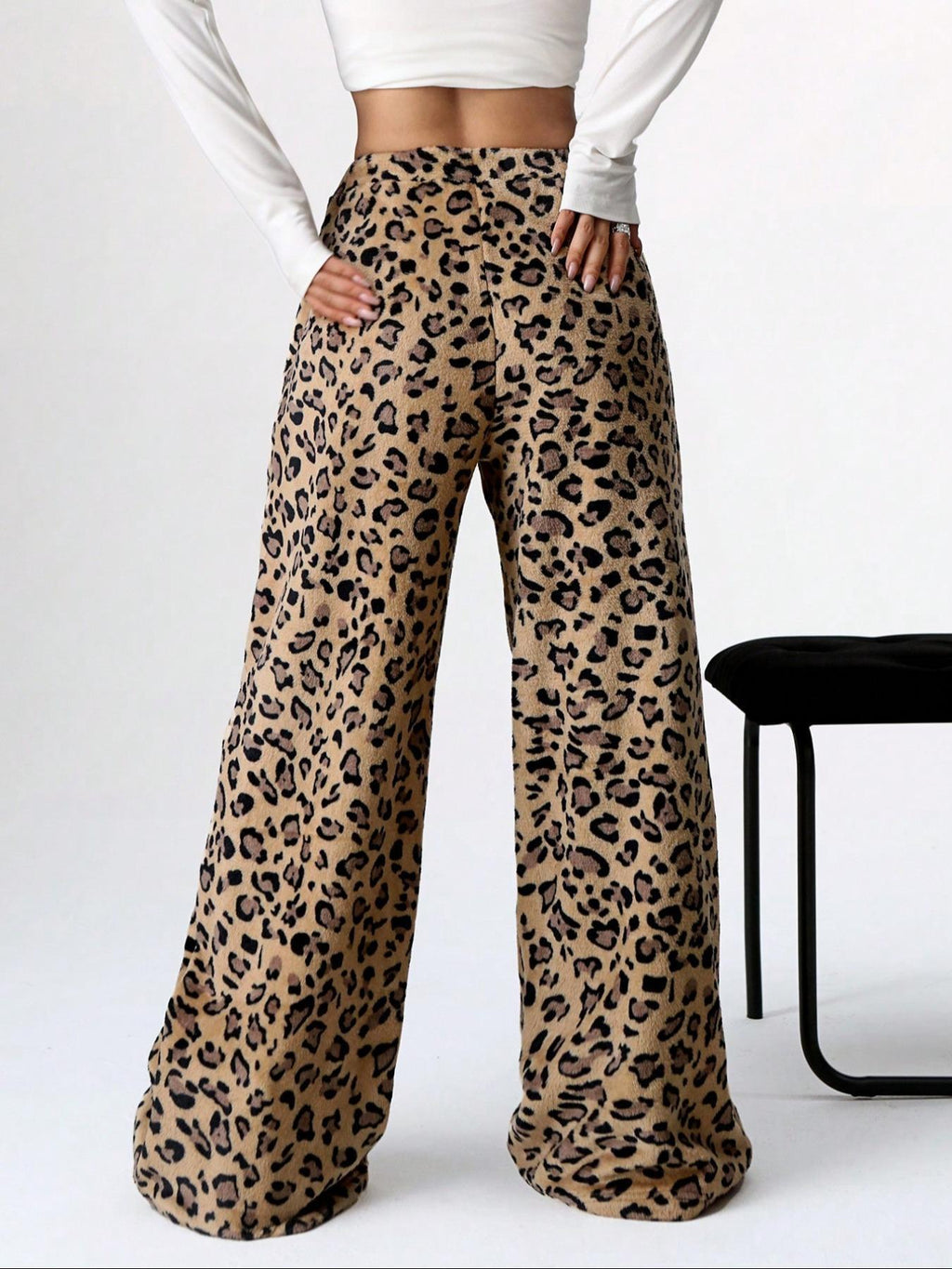 Leopard Print Plush Wide Leg Lounge Pants - Ochre - 1