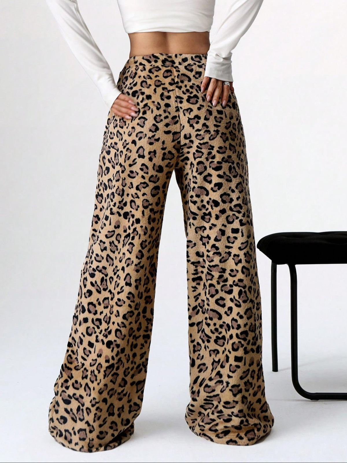 Leopard Print Plush Wide Leg Lounge Pants - Ochre - 1