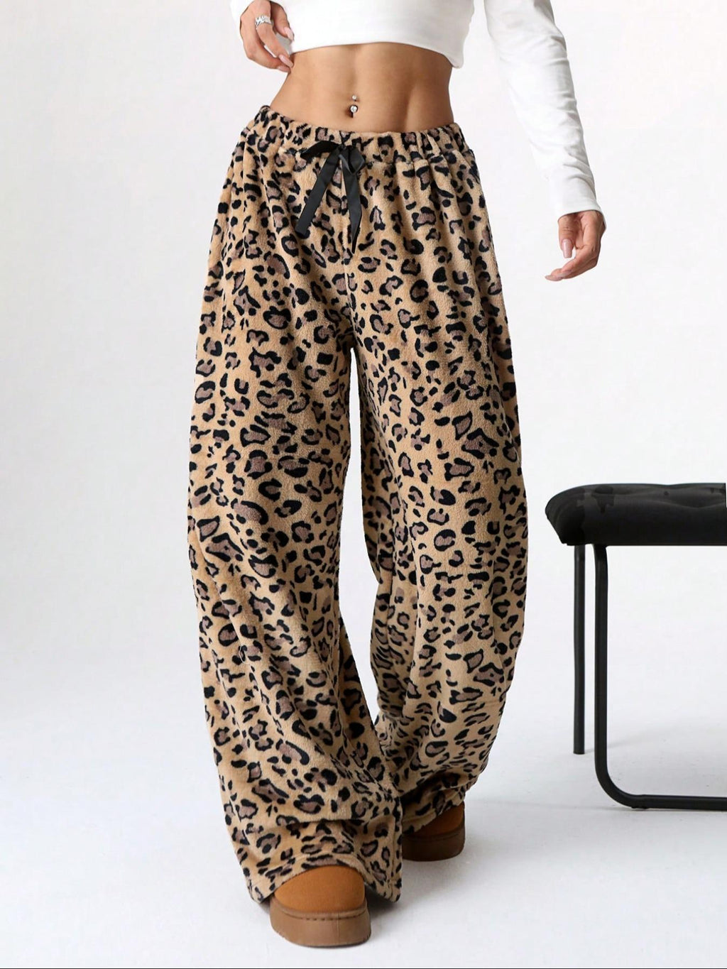 Leopard Print Plush Wide Leg Lounge Pants - Ochre - 2