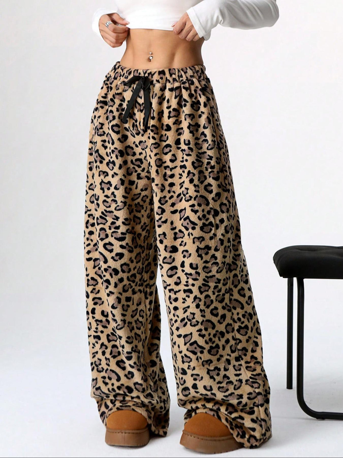 Leopard Print Plush Wide Leg Lounge Pants - Ochre - 4